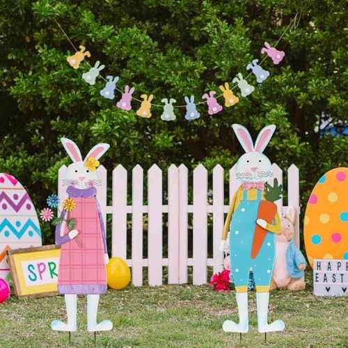 YEAHOME Easter Decorations Outdoor, Set of 2 Metal Bunny Decorative Garden Stakes for Easter Decor, Spring Rabbits Yard Stakes for Home Outside Front Door Porch Lawn Garden Backyard Decorations - Image 2