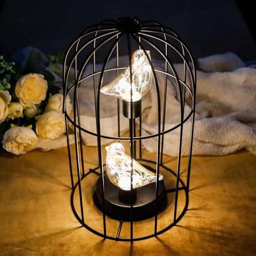 JHY DESIGN Birdcage Decorative Lamp Battery Operated 12" H Cordless Table Lamp with Warm White Fairy Lights Bird Bulb for Indoor Bedroom Living Room Home Wedding Xmas(Black) - Image 5