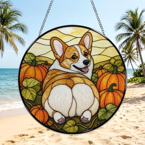Corgi Butt Pumpkin Field Stained Glass Suncatcher 11.8" Colorful Window Hanging Ornament, Sun Catcher Decor for Bathroom Front Door Living Room Home Wall Garden - Image 3