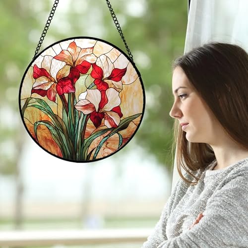 Red Flowers Green Leaves Stained Glass Window Hanging Suncatcher Gifts 9.8" - Image 2