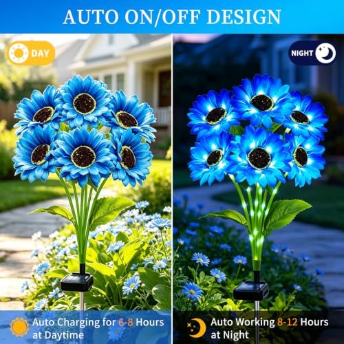 Solar Lights Outdoor, Gifts for Women Mom Grandma Friends, 4 Pack 24 Solar Blue Sunflower Lights, Solar Flower Lights Waterproof, Outside Sunflower Decor Lights for Landscape Yard Patio Lawn Pathway - Image 2