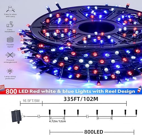 Red White and Blue Solar Lights, 800 LED 335ft Patriotic Solar Lights Outdoor, with Reel Design 8 Modes Auto On/Off Remote IP65 Waterproof,4th of July Light for Patio Garden Tree Decor - Image 4