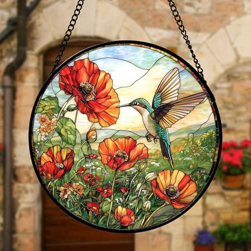 Hummingbird Poppy Stained Glass Window Hanging Suncatcher Gifts Decor 9.8" - Image 2