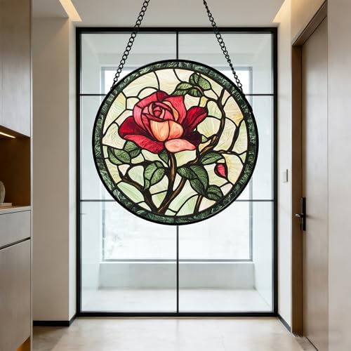 Stained Glass Window Hanging Red Rose Suncatcher Gifts for Women 9.8" - Image 6