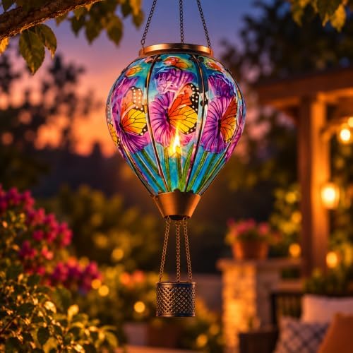 Butterfly Solar Hot Air Balloon Lantern, Glass Flickering Flame Light - Image 3
