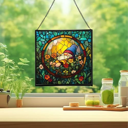 Floating Bubble Nest Gnome Stained Glass Suncatcher – Square Hanging Window Panel for Home or Greenhouse – Whimsical Glass Art Gift for Garden Lovers, Christmas, Halloween, Father Days PdPnfS - Image 2