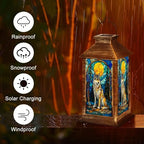 Solar Lantern Wolf Stained Glass Golden Moon Forest Pines Blue Mosaic Wildlife Art Outdoor Waterproof Hanging Solar Light Outside Lights for Patio Yard House Lawn Decor Birthday Gifts for Women Mom - Image 5