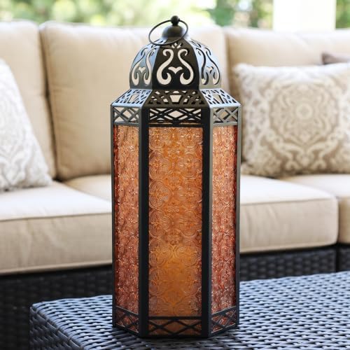Vela Lanterns Decorative Indoor Candle Holder Table Centerpieces - Moroccan Hanging Outdoor Patio & Porch Home Decor, Turkish Floor Lamp for Wedding, Ramadan, Halloween (Extra Large 16", Amber Glass) - Image 2
