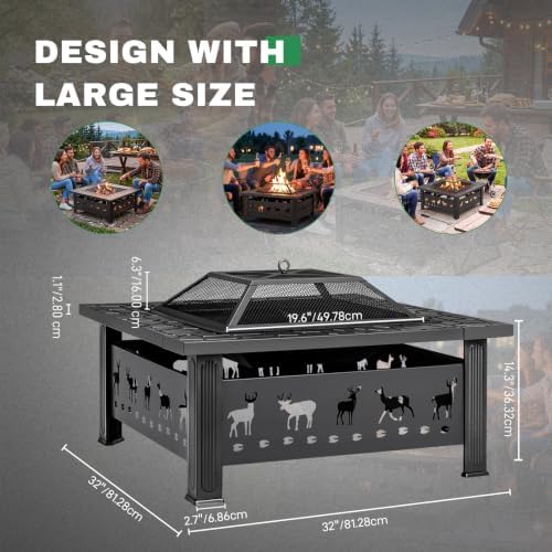 Outvita Outdoor Fire Pit, 32 Inch Square Firepit Table, Elk Cutout - Image 3