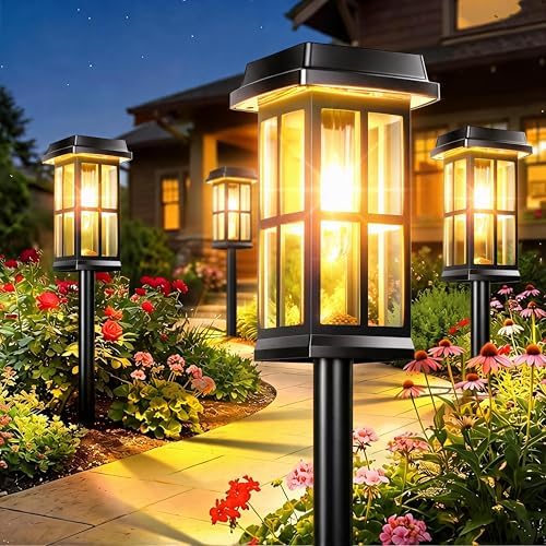 Garpar Solar Pathway Lights Outdoor 4 Pack, Window-Style with Metal Pole by GarparOutdoorSolarLights