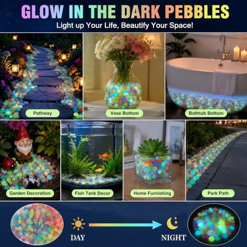 Rainbow Glow in The Dark Pebbles, Luminous Resin Stones for Outdoor Garden Walkway, Aquarium Decor, Fish Tank, Landscape Lighting, Waterproof & Non-Toxic – Long Lasting Glow Up to 5 Hours (1000pcs) - Image 3