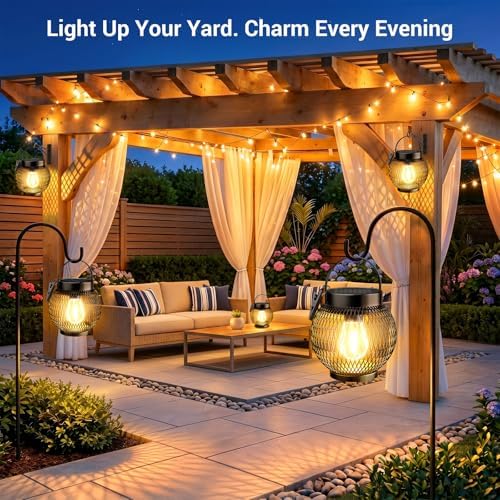 Solar Lanterns Outdoor Waterproof, Metal Hanging Lights, 2 Pack - Image 2