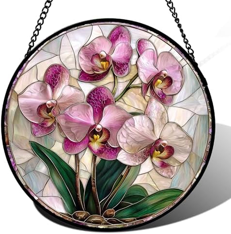 Pink Orchid Stained Glass Window Hanging Suncatcher Gifts for Women 15" by amderven