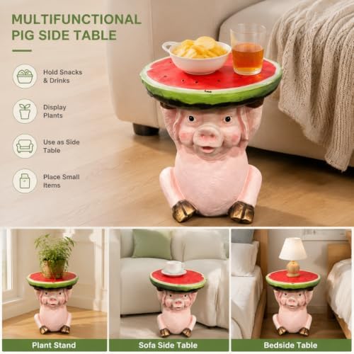 Cute Pig Side Table, Resin Watermelon End Table, 13.39" H Small Animal Accent, Multifunctional Plant Stand & Decorative Stool for Home, Patio, Garden & Living Room Deco - Image 5