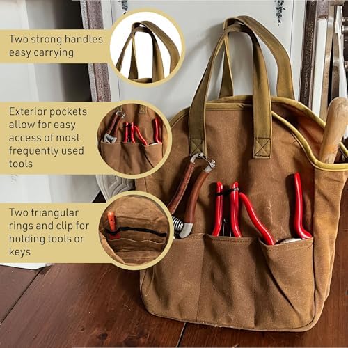 Garden Tool Bag - 12x14” Heavy Duty Waxed Canvas Tote Bag Caddy with 6 Interior and 3 Exterior Pockets for Organizing Gardening Tools - Gardening Gifts for Women and Men by Kings County Tools - Image 2