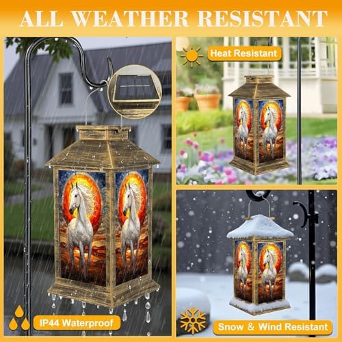 Solar Lantern Outdoor Waterproof Majestic White Horse Stained Glass Sunset Garden Decor LED Hanging Solar Lights Tabletop Lamp Gifts for Women Mom Outside Yard Patio Porch - Image 3