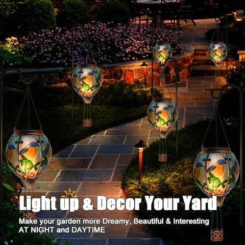 Hot Air Balloon Solar Lantern - Bluebird Glass Lantern, Simulated Flickering & Dancing Flame, Outdoor Hanging Yard Light Waterproof IP65 for Patio Lawn Porch Decor Gift - Image 5