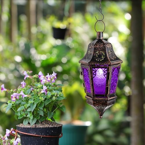 Moroccan Decorations Indoor, 13.6’’ Lantern Decorative Outdoor, Halloween Style Hanging Lantern with Chain for Home Porch Patio Decor, Vintage Metal Christmas Ramadan Candle Holders(Purple) - Image 4