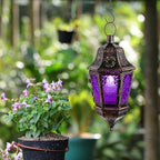 Moroccan Decorations Indoor, 13.6’’ Lantern Decorative Outdoor, Halloween Style Hanging Lantern with Chain for Home Porch Patio Decor, Vintage Metal Christmas Ramadan Candle Holders(Purple) - Image 4