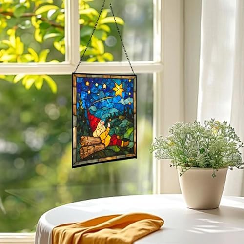 Gnome Stargazing Stained Glass Suncatcher – Square Hanging Window Panel for Home, Garden, Nursery, Halloween, Christmas, Memorial Day – Whimsical Glass Art Gift for Gnome Lovers co5w02 - Image 3