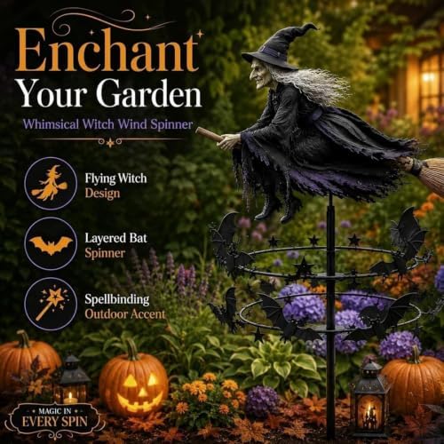 The Enchanted Witch Garden Wind Spinner, Metal Halloween Yard Art, Outdoor Garden Stake Decoration, Halloween Decorations Outdoor with Flying Witch Kinetic Bat Ring, for Garden Patio Pathway (1PCS) - Image 3