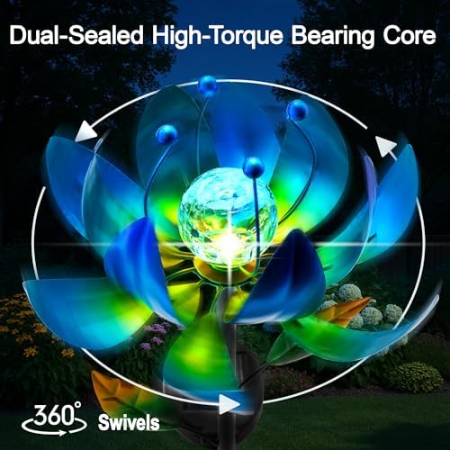 Solar Wind Spinners Outdoor, Blue Lotus Flower Garden Spinner with Cracked Glass Ball & Color-Changing LEDs, 40 Inch Metal Garden Decor for Yard, Patio Backyard Lawn Decorations - Image 3