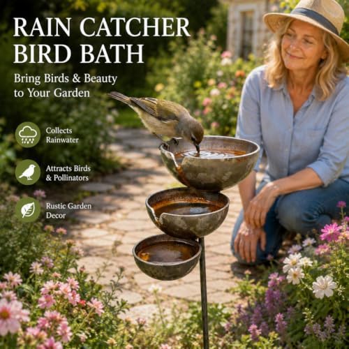 Rain Catcher Bird Bath for Outdoors, 3-Tier Metal Garden Stake Bird Bath, Rustic Rainwater Catcher Garden Decor, Bird & Butterfly Water Station for Yard, Patio, Flower Bed, Lawn and Garde (Bronze) - Image 2