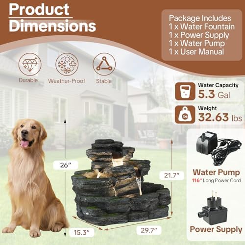 HOMEDIARY 4-Tier Outdoor Water Fountain, 29.7" L Rustic Rock Waterfall Fountain with LED Lights, Stone Texture Floor-Standing Resin Water Feature with Realistic Moss Accents for Patio, Porch & Indoor - Image 2
