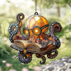 Reading Kraken Octopus Acrylic Suncatcher Size 12 inches, Bookish Stained Glass Effect Window Hanging Ornament, Garden Decor, Gift for Book Lover Reader Bookworm by XISZYS