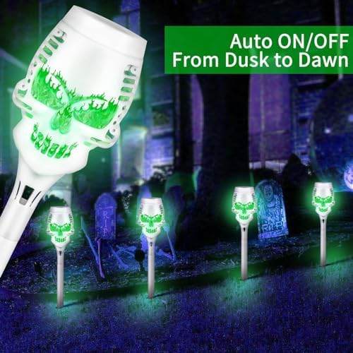 Tyenaza 4Pcs Solar Torch Skull Light, Green Flickering Flame IP65 Waterproof Solar Pathway Lights Outdoor Halloween Decorations - Image 3