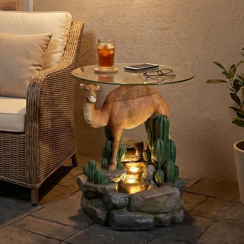 Modern Indoor Water Fountain with Glass Table, 22.8" H Outdoor Water Fountain LED Lighted Camel Fountain with Table, Water Feature for Garden, Deck, Living Room, Bedroom, Office Décor - Image 2