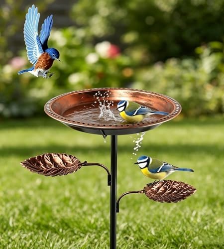 Metal Bird Bath Bow with 2 Set Bird Feeder for Outdoors, Freestanding Stake Design, Iron Craft, Landscape Decor for Backyard(Antique Copper) - Image 3