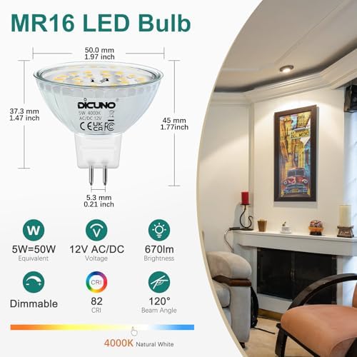 DiCUNO MR16 LED Bulb Dimmable, 50W Eq., Natural White 4000K, 670LM, 10-Pack - Image 2