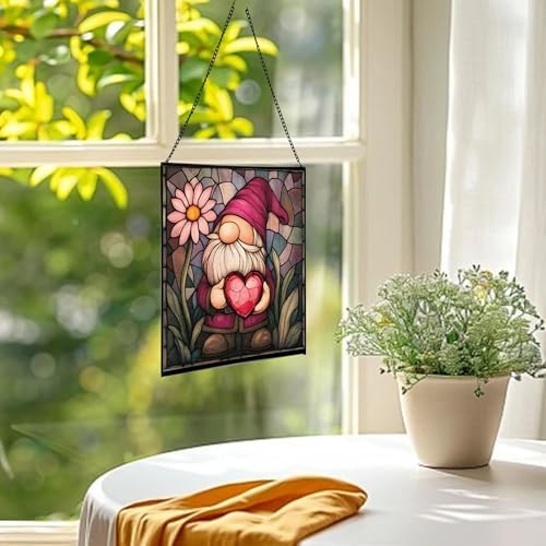 Valentine Gnome Hug Stained Glass Suncatcher – Square Hanging Window Panel for Home or Greenhouse – Whimsical Glass Art Gift for Garden Lovers, Christmas, Halloween, Father Days qaXrWI - Image 3