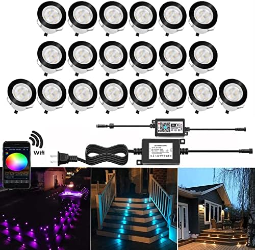 Smart LED Deck Lights Kit WiFi Controlled Color Changeable,Φ1.77“Outdoor IP67 Waterproof Low Voltage Step Lights In-Ground Lighting,Works with Samrt Phone,Alexa, Google Home(Black Border,20pack) by QACALEDOutdoorRecessedDeckLightingKits