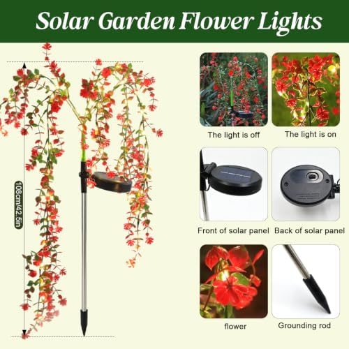 Solar Garden Lights Outdoor Waterproof, 4 Pack Solar Flower Lights Outdoor with Red Eucalyptus Flowers & 2 Lighting Modes, Decorative Solar Lights Outdoor for Yard Patio Lawn Decor, Gifts - Image 2