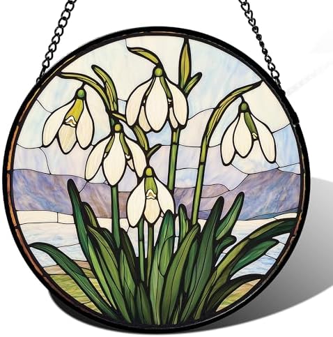 Snow Drop Flower Stained Glass Window Hanging Decor Gifts for Women 12" by amderven