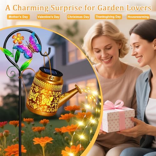 Solar Watering Can Lights Outdoor Garden Decor, Large Butterfly Hanging Lantern with Shepherd Hook, Waterproof Garden Lights for Outdoor Landscape Pathway Yard, Mom Grandma Gifts 1pcs - Image 6