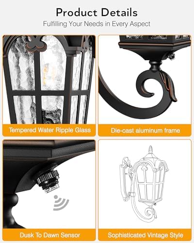 VIANIS Outdoor Lights for Porch, Black Dusk to Dawn Outside Lighting - Image 5