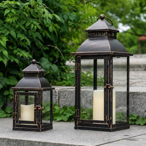 NEEDOMO Lanterns Decorative Outdoor&Indoor, Set of 2 Large Bronze Metal Lantern Decor with Glass, Candle Holder for Porch, Patio, Garden, Balcony, Wedding, Table Centerpiece Decorations by NEEDOMO-LightUpYourSpace