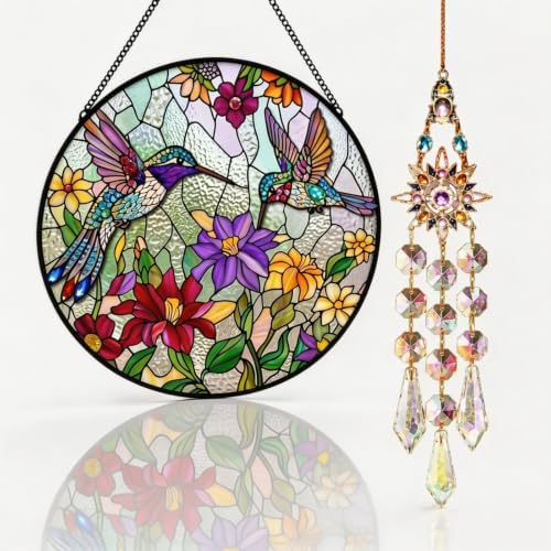 Window Hanging Suncatcher | 3D Embossed Stained Glass Hummingbird & Flowers Design | Diamond Glass Rainbow Catcher with Crystal Chime & Cat Hook Gift Set -Large - Image 5