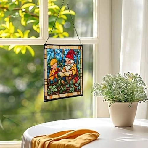 Gnome with Garden Planning Stained Glass Suncatcher – Square Hanging Window Panel for Home, Garden, Nursery, Halloween, Christmas, Memorial Day – Whimsical Glass Art Gift for Gnome Lovers iw0wde - Image 3