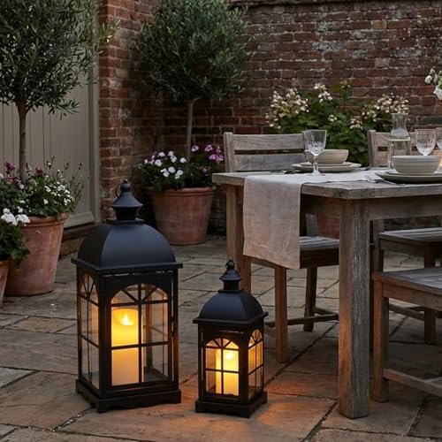 TRIROCKS Set of 2 Decorative Vintage Candle Lanterns 14.5"&20" H Farmhouse Outdoor Hanging Lanterns with Tempered Glass for Porch, Balcony, Patio, Home, Centerpieces, Indoor, Outdoor(Black) - Image 4