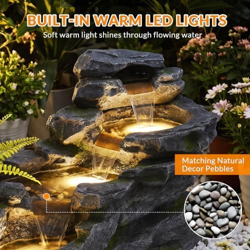 TITIMO 36.6" L Outdoor Water Fountain, 4-Tier Garden Fountain w/LED Lights - Image 4