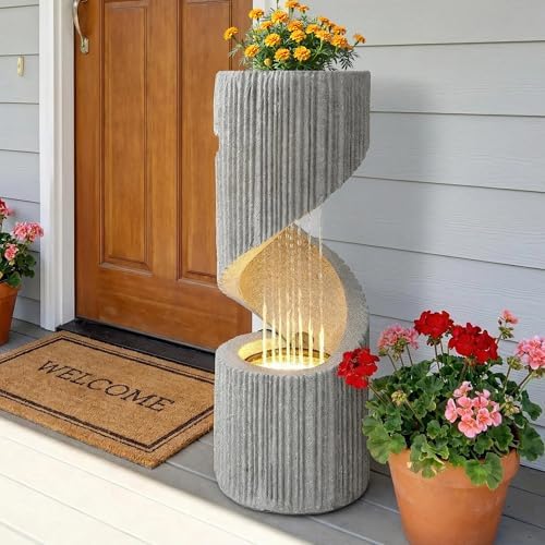 Modern S-Shaped Outdoor Fountain with LED Light, 30” Tall Spiral Column Waterfall Feature with Flat Top for Plant Display, Decorative Water Fountain for Garden, Patio by furniture