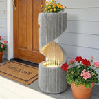 Modern S-Shaped Outdoor Fountain with LED Light, 30” Tall Spiral Column Waterfall Feature with Flat Top for Plant Display, Decorative Water Fountain for Garden, Patio by furniture