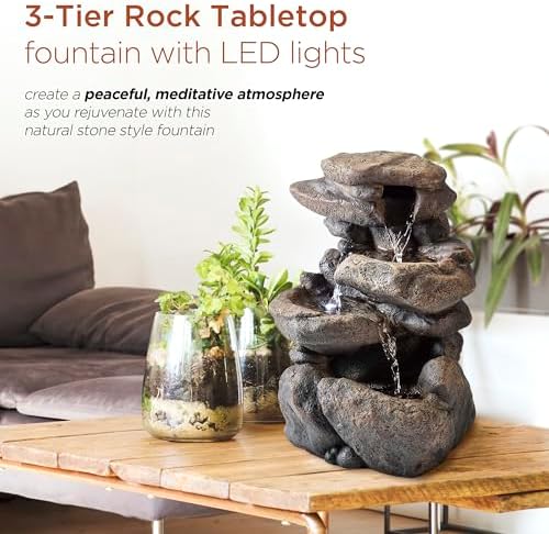 Alpine Corporation WIN472 Indoor Tabletop 3-Tiered Stone Fountain with LED Lights, Cascading Stone Water Fountain 11", Gray - Image 4