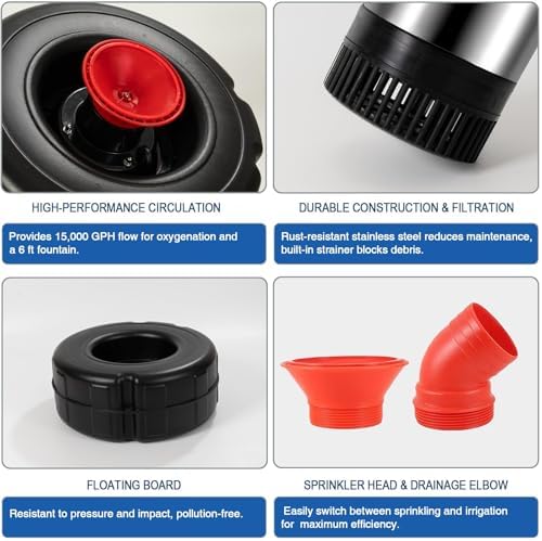 Pond Fountain Aerator, 1HP 110V 15000GPH Floating Fountain Pump for Ponds - Image 6