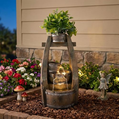 18.9" H Rustic Barrel Outdoor Fountain with Planter Bowl & 4-Tier Cascading Water Feature Low-Maintenance Garden Water Feature- LED- Suitable for Yard, Deck, Backyard Decor - Image 2