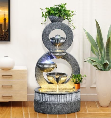 Tiered Ring Water Fountain with Planter and LED Lights – Indoor/Outdoor Decorative Waterfall for Home, Garden, or Patio(Large) by BestHomeDecorationOrnaments